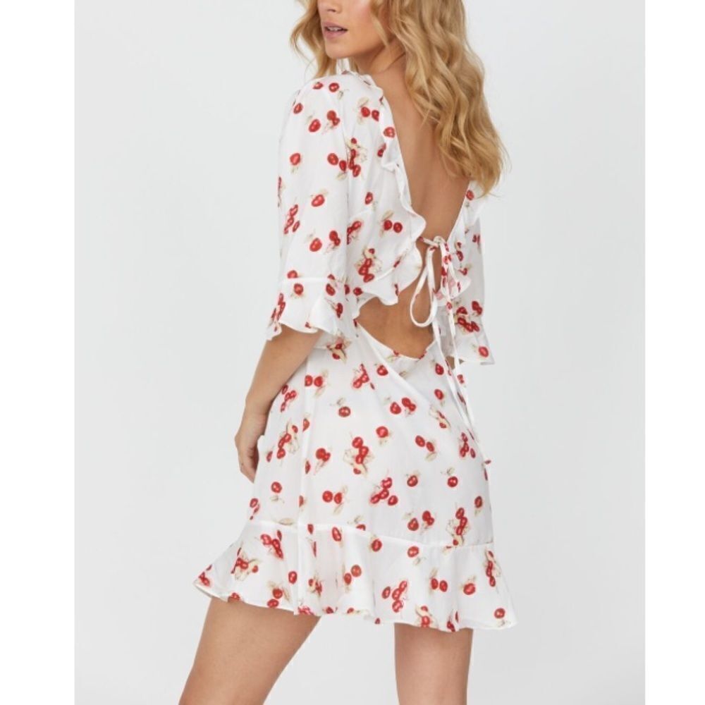 Haute Rouge White Cut Out Mini Dress Red Cherry Print Halter Size Small